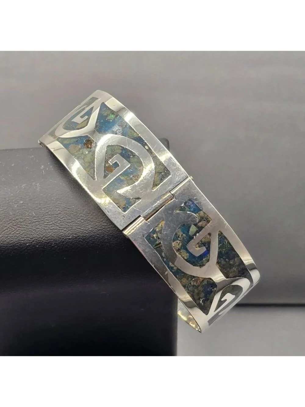 Vintage Taxco Sterling Silver Turquoise Inlay Bracelet 7